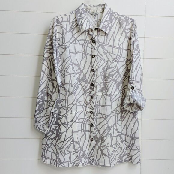 John Mark Linen Button Up Tunic Shirt Size Medium Roll Tab Sleeves Artsy Modern - Picture 2 of 9